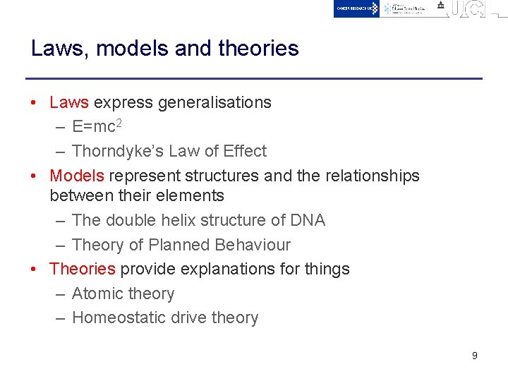 Laws, models and theories • Laws express generalisations – E=mc 2 – Thorndyke’s Law