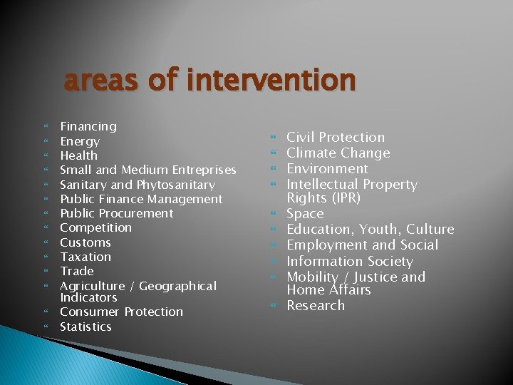 areas of intervention Financing Energy Health Small and Medium Entreprises Sanitary and Phytosanitary Public