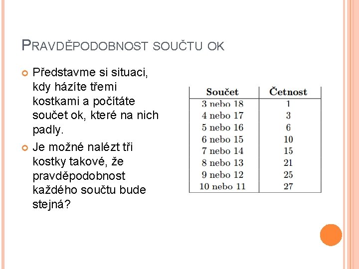 PRAVDĚPODOBNOST SOUČTU OK Představme si situaci, kdy házíte třemi kostkami a počítáte součet ok,