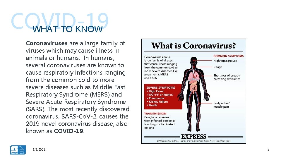 COVID-19 WHAT TO KNOW Coronaviruses are a large family of viruses which may cause