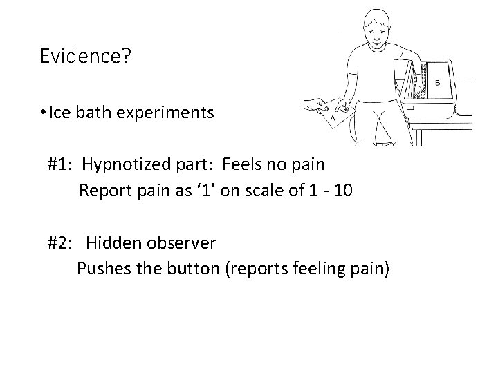 Evidence? • Ice bath experiments #1: Hypnotized part: Feels no pain Report pain as