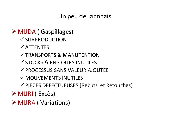 Un peu de Japonais ! Ø MUDA ( Gaspillages) ü SURPRODUCTION ü ATTENTES ü