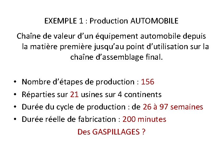 EXEMPLE 1 : Production AUTOMOBILE Chaîne de valeur d’un équipement automobile depuis la matière