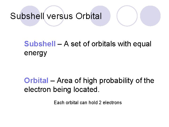 Subshell versus Orbital Subshell – A set of orbitals with equal energy Orbital –