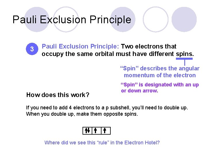 Pauli Exclusion Principle 3 Pauli Exclusion Principle: Two electrons that occupy the same orbital