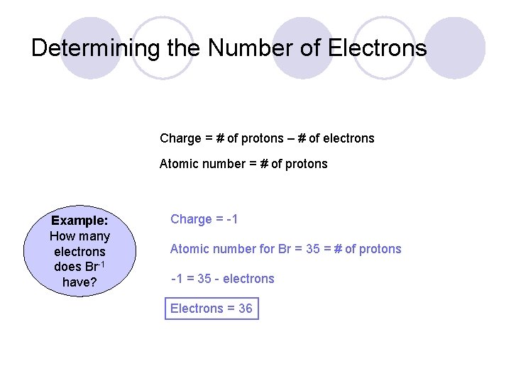 Determining the Number of Electrons Charge = # of protons – # of electrons