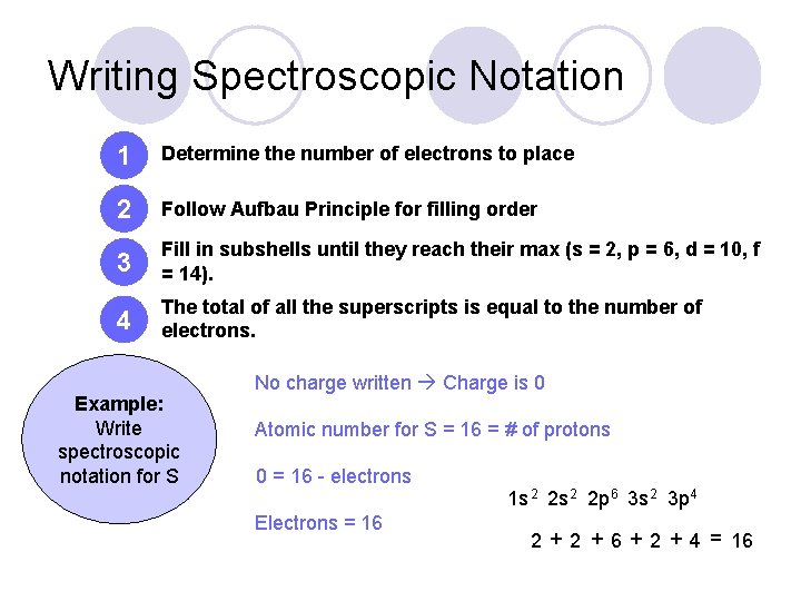 Writing Spectroscopic Notation 1 Determine the number of electrons to place 2 Follow Aufbau