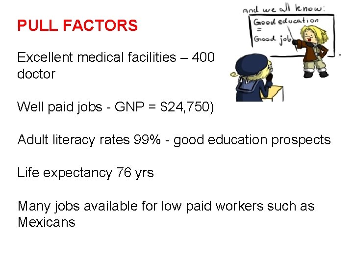 PULL FACTORS Excellent medical facilities – 400 doctor per Well paid jobs - GNP