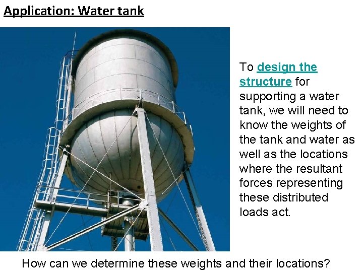 Application: Water tank To design the structure for supporting a water tank, we will