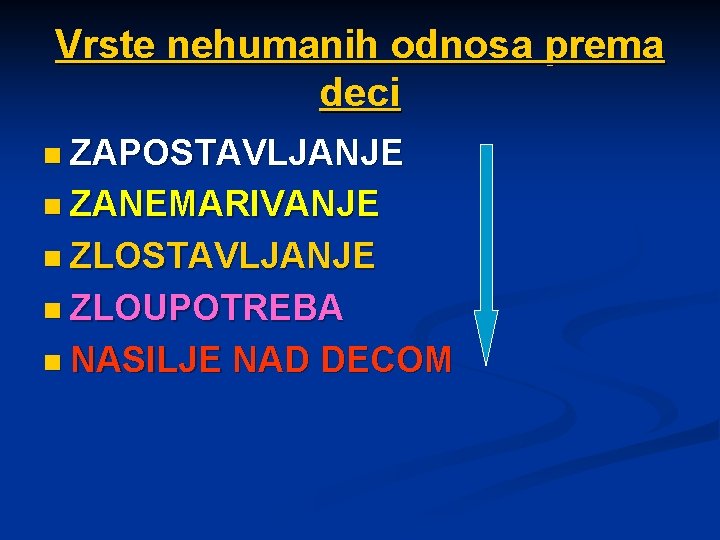 Vrste nehumanih odnosa prema deci n ZAPOSTAVLJANJE n ZANEMARIVANJE n ZLOSTAVLJANJE n ZLOUPOTREBA n