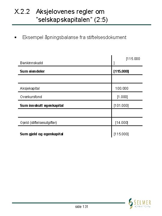 X. 2. 2 Aksjelovenes regler om ”selskapitalen” (2: 5) § Eksempel åpningsbalanse fra stiftelsesdokument