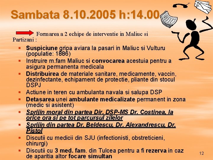 Sambata 8. 10. 2005 h: 14. 00 Formarea a 2 echipe de interventie in