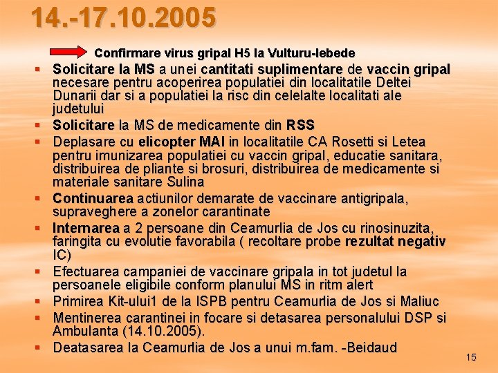 14. -17. 10. 2005 Confirmare virus gripal H 5 la Vulturu-lebede § Solicitare la