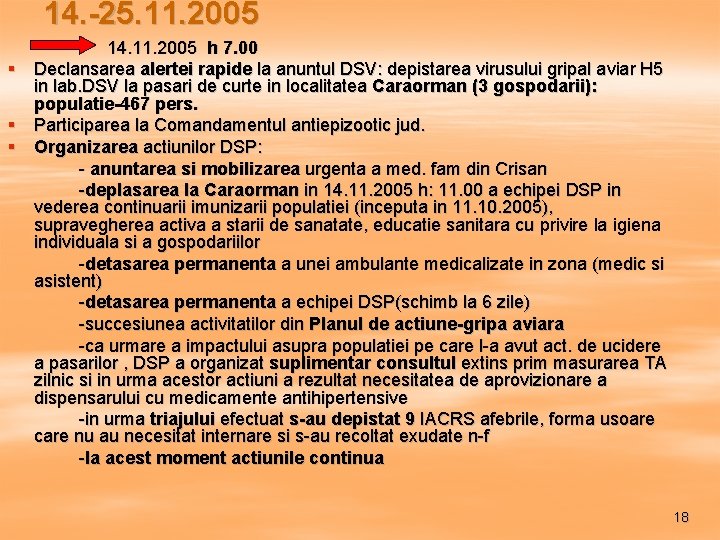 14. -25. 11. 2005 14. 11. 2005 h 7. 00 § Declansarea alertei rapide