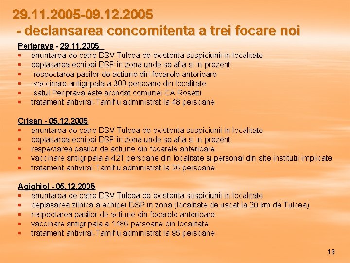 29. 11. 2005 -09. 12. 2005 - declansarea concomitenta a trei focare noi Periprava