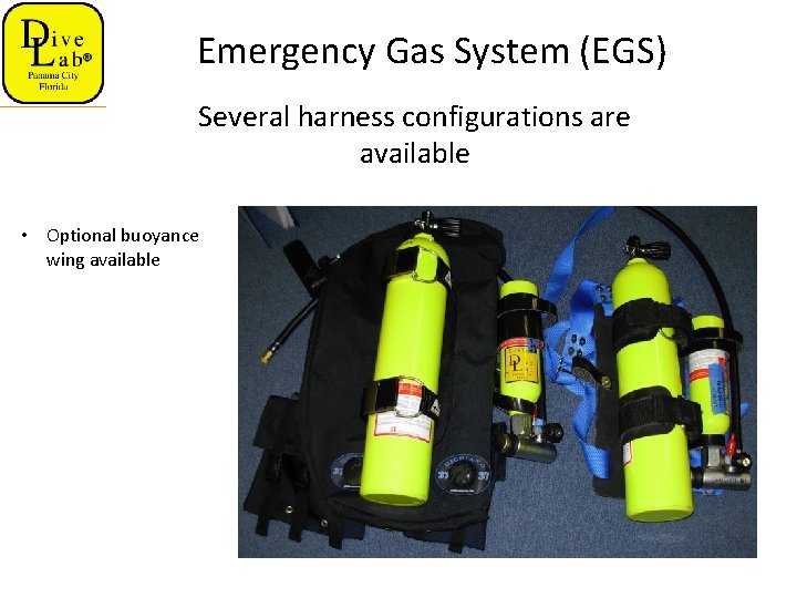Emergency Gas System (EGS) Several harness configurations are available • Optional buoyance wing available