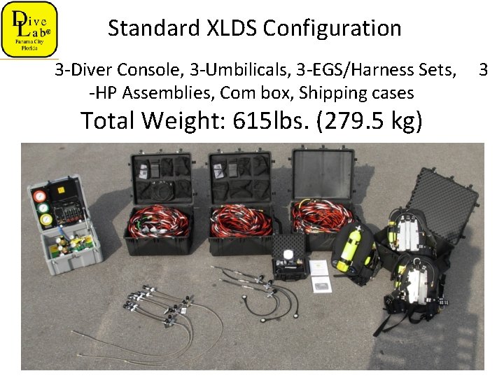  Standard XLDS Configuration 3 -Diver Console, 3 -Umbilicals, 3 -EGS/Harness Sets, 3 -HP