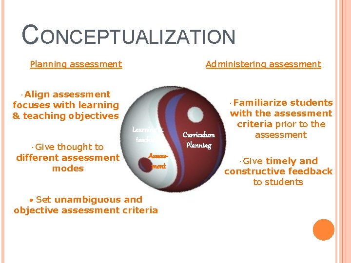 CONCEPTUALIZATION Administering assessment Planning assessment • Align assessment focuses with learning & teaching objectives CONCEPTUALIZATION Administering assessment Planning assessment • Align assessment focuses with learning & teaching objectives
