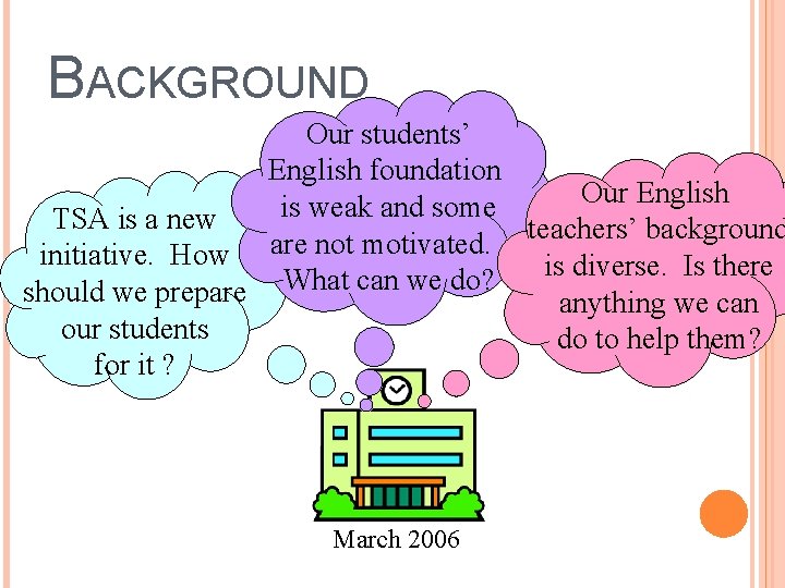 BACKGROUND Our students’ English foundation Our English is weak and some TSA is a BACKGROUND Our students’ English foundation Our English is weak and some TSA is a