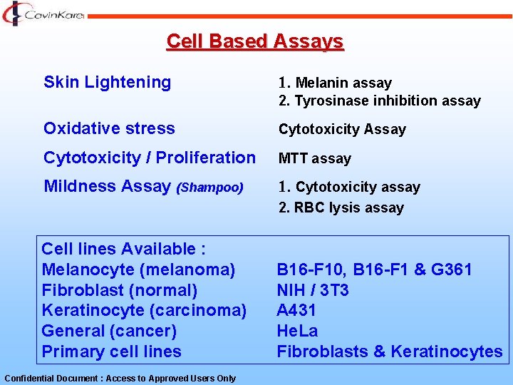 Cell Based Assays Skin Lightening 1. Melanin assay 2. Tyrosinase inhibition assay Oxidative stress