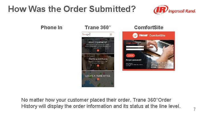 How Was the Order Submitted? Phone In Trane 360° Comfort. Site No matter how
