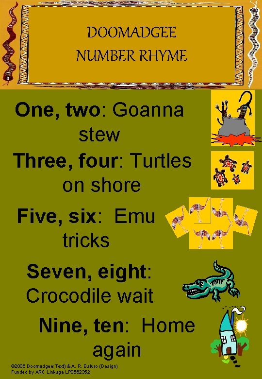 Napranum DOOMADGEE NUMBER RHYME One, two: Goanna stew Three, four: Turtles on shore Five,