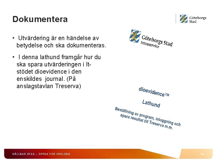 Dokumentera • Utvärdering är en händelse av betydelse och ska dokumenteras. • I denna