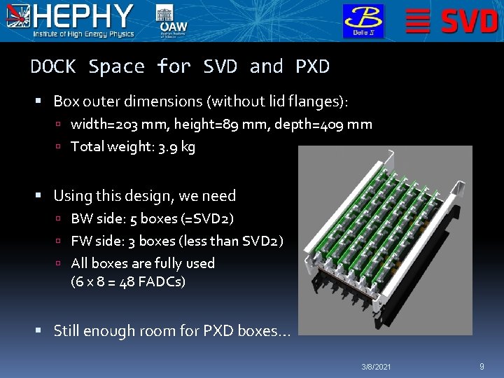 DOCK Space for SVD and PXD Box outer dimensions (without lid flanges): width=203 mm,