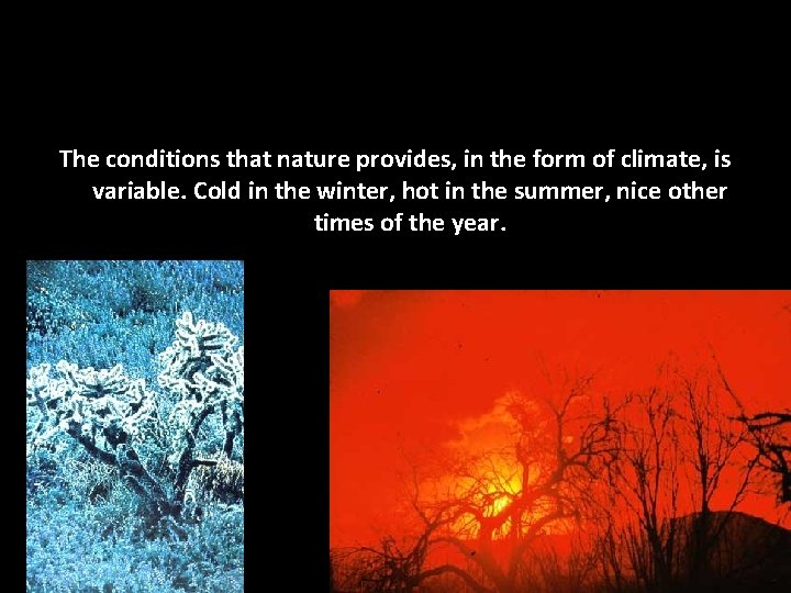 The conditions that nature provides, in the form of climate, is variable. Cold in The conditions that nature provides, in the form of climate, is variable. Cold in