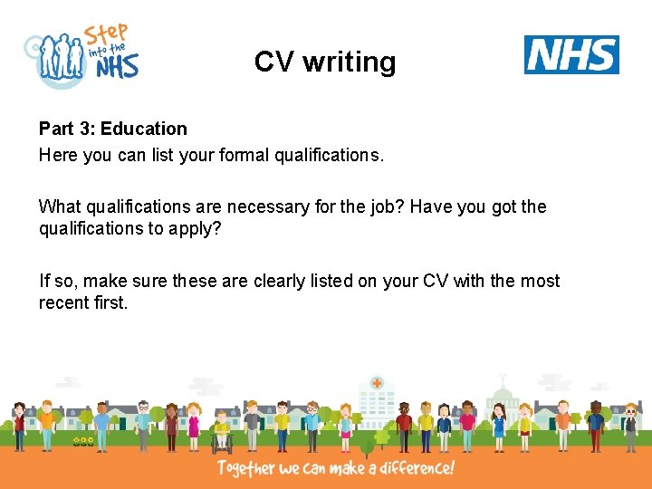 CV writing Part 3: Education Here you can list your formal qualifications. What qualifications CV writing Part 3: Education Here you can list your formal qualifications. What qualifications