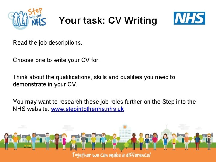 Your task: CV Writing Read the job descriptions. Choose one to write your CV Your task: CV Writing Read the job descriptions. Choose one to write your CV
