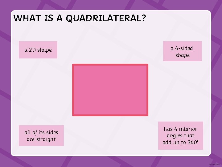 WHAT IS A QUADRILATERAL? a 2 D shape all of its sides are straight