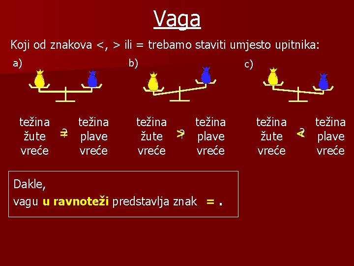 Vaga Koji od znakova <, > ili = trebamo staviti umjesto upitnika: a) težina