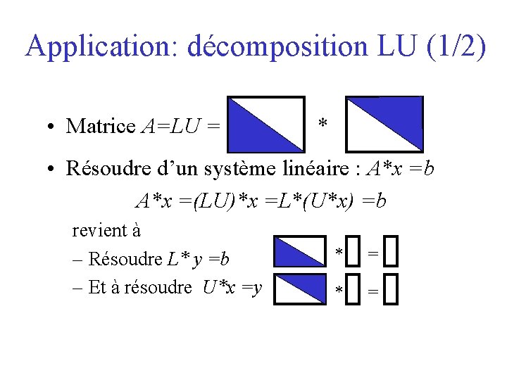 Application: décomposition LU (1/2) • Matrice A=LU = * • Résoudre d’un système linéaire