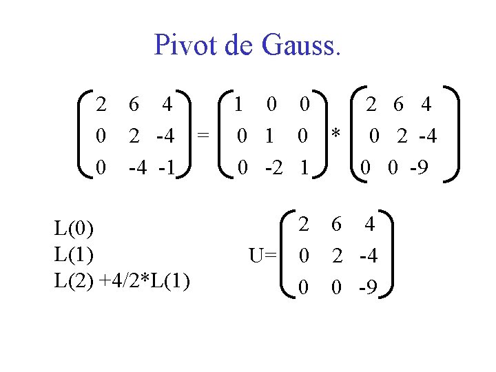 Pivot de Gauss. 2 6 4 0 2 -4 = 0 -4 -1 L(0)