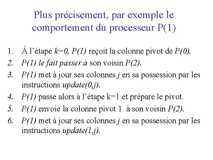 Plus précisement, par exemple le comportement du processeur P(1) 1. À l’étape k=0, P(1)