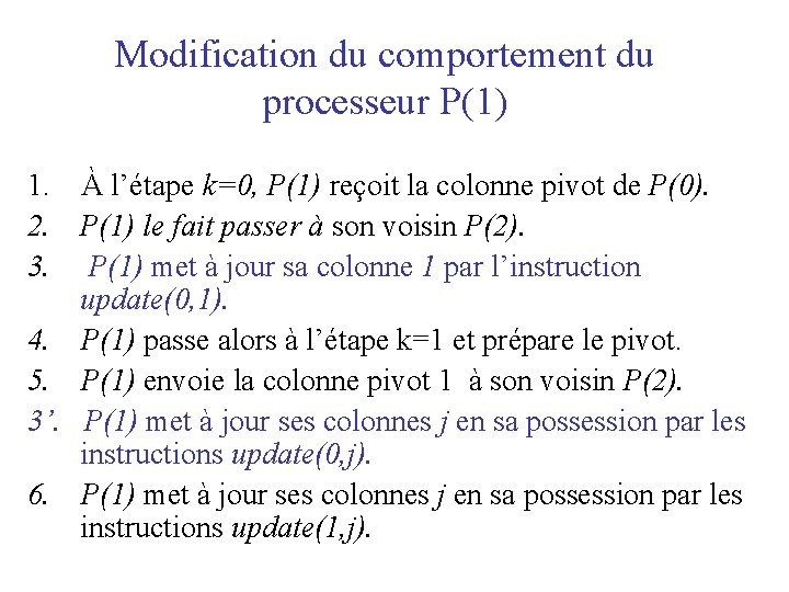 Modification du comportement du processeur P(1) 1. À l’étape k=0, P(1) reçoit la colonne