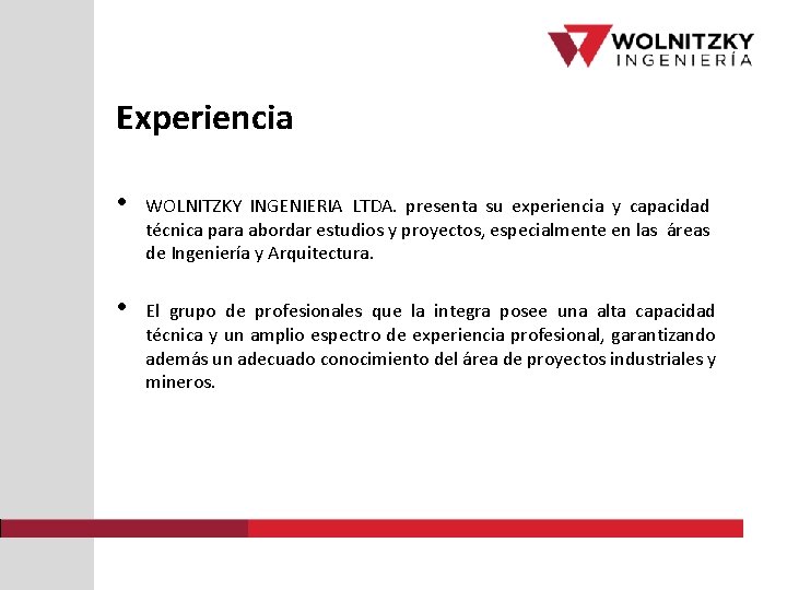 Experiencia • WOLNITZKY INGENIERIA LTDA. presenta su experiencia y capacidad técnica para abordar estudios