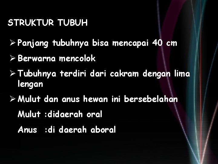STRUKTUR TUBUH Ø Panjang tubuhnya bisa mencapai 40 cm Ø Berwarna mencolok Ø Tubuhnya STRUKTUR TUBUH Ø Panjang tubuhnya bisa mencapai 40 cm Ø Berwarna mencolok Ø Tubuhnya