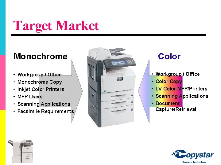 Target Market Monochrome • • • Workgroup / Office Monochrome Copy Inkjet Color Printers Target Market Monochrome • • • Workgroup / Office Monochrome Copy Inkjet Color Printers