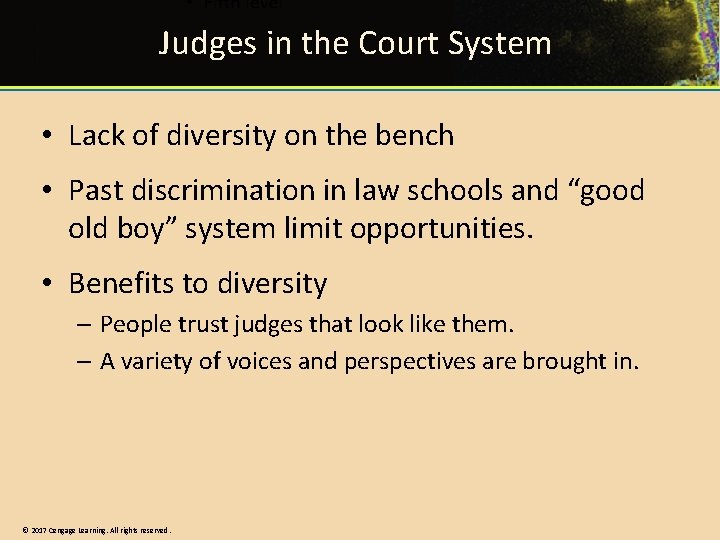Judges in the Court System • Lack of diversity on the bench • Past Judges in the Court System • Lack of diversity on the bench • Past