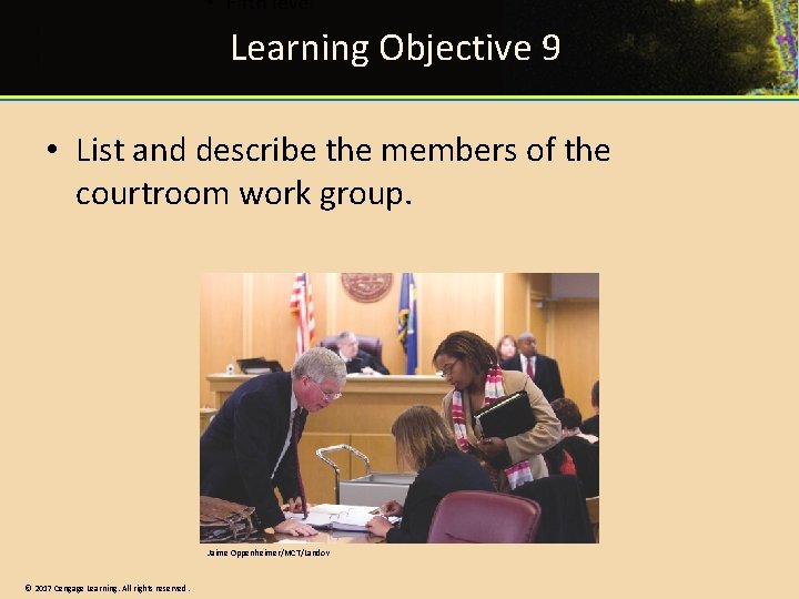 Learning Objective 9 • List and describe the members of the courtroom work group. Learning Objective 9 • List and describe the members of the courtroom work group.