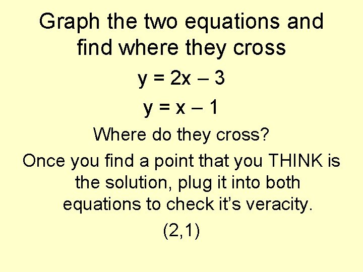 Graph the two equations and find where they cross y = 2 x –