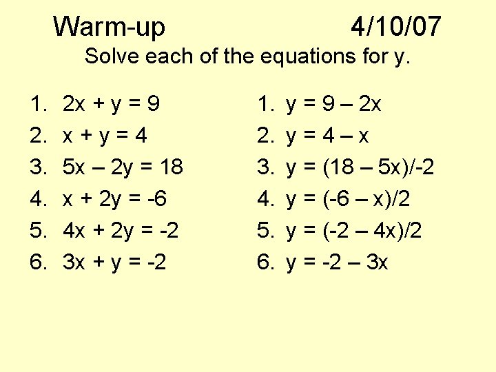 Warm-up 4/10/07 Solve each of the equations for y. 1. 2. 3. 4. 5.
