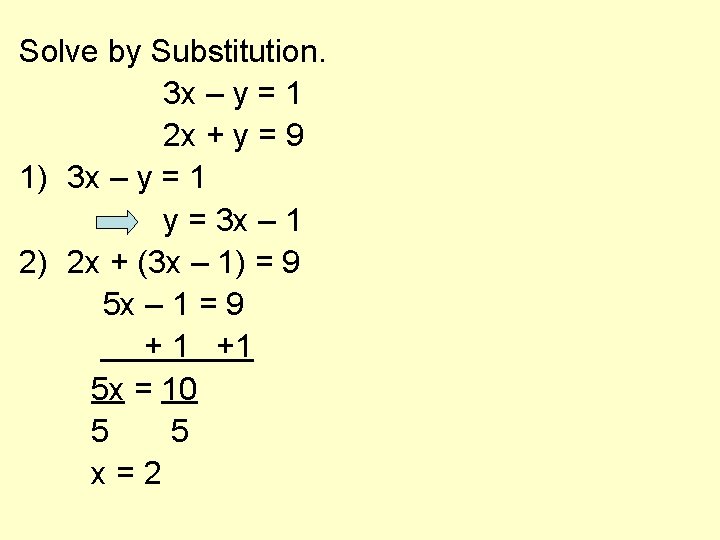 Solve by Substitution. 3 x – y = 1 2 x + y =