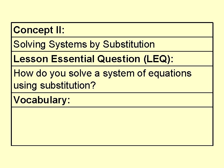 Concept II: Solving Systems by Substitution Lesson Essential Question (LEQ): How do you solve