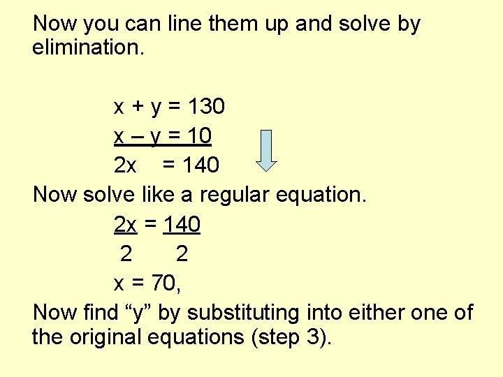Now you can line them up and solve by elimination. x + y =