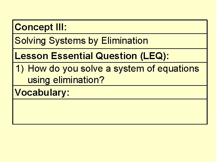 Concept III: Solving Systems by Elimination Lesson Essential Question (LEQ): 1) How do you