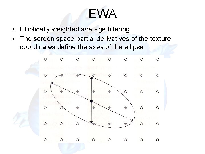 EWA • Elliptically weighted average filtering • The screen space partial derivatives of the EWA • Elliptically weighted average filtering • The screen space partial derivatives of the