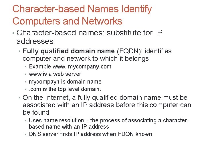 Character-based Names Identify Computers and Networks • Character-based names: substitute for IP addresses • Character-based Names Identify Computers and Networks • Character-based names: substitute for IP addresses •